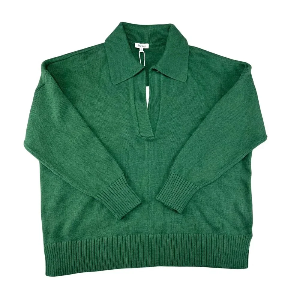 Darling Women Green 3/4 Length Sleeve Collared Knit Sweater Pullover Medium - Picture 2 of 13